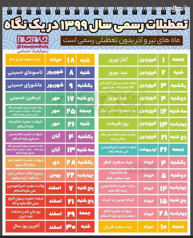 تعطیلات رسمی سال ۱۳۹۹ در یک نگاه