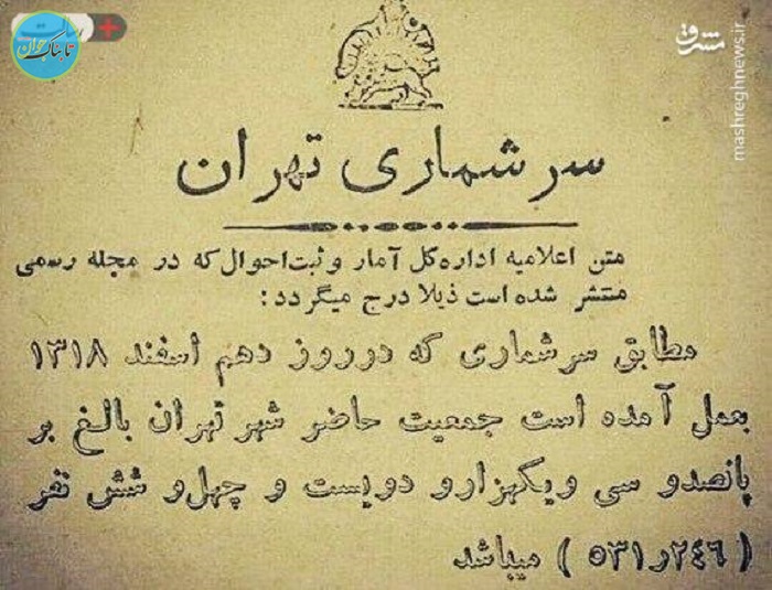 سند جمعیت تهران در سال 1318+ عکس