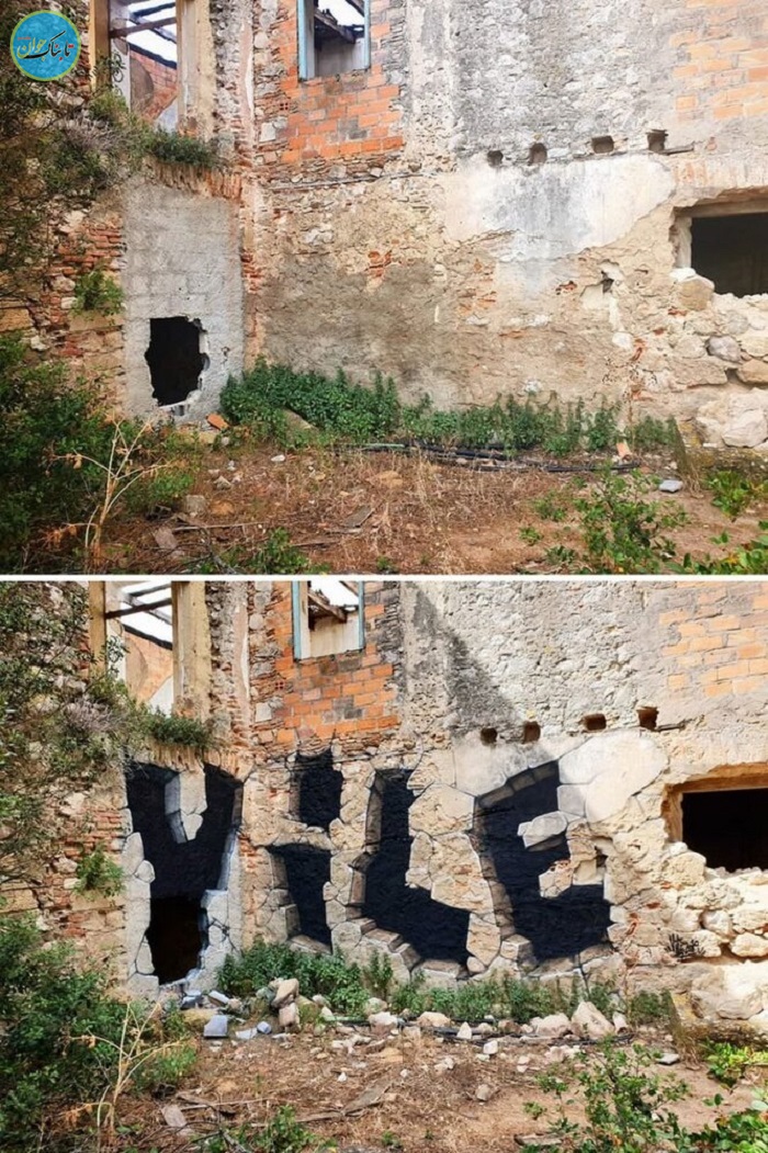 هنرمند خیابانی نقاشب های سه بعدی روی دیوار ها می کشد