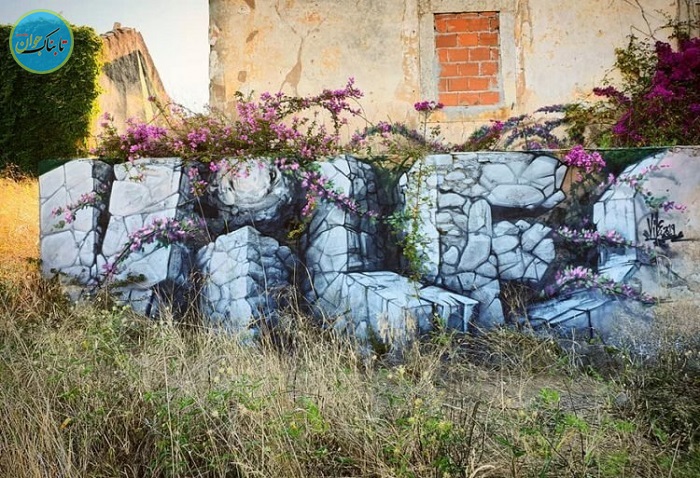 هنرمند خیابانی نقاشب های سه بعدی روی دیوار ها می کشد