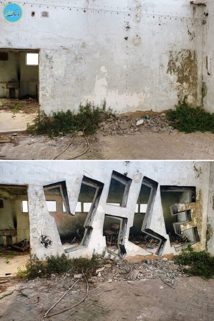 هنرمند خیابانی نقاشب های سه بعدی روی دیوار ها می کشد