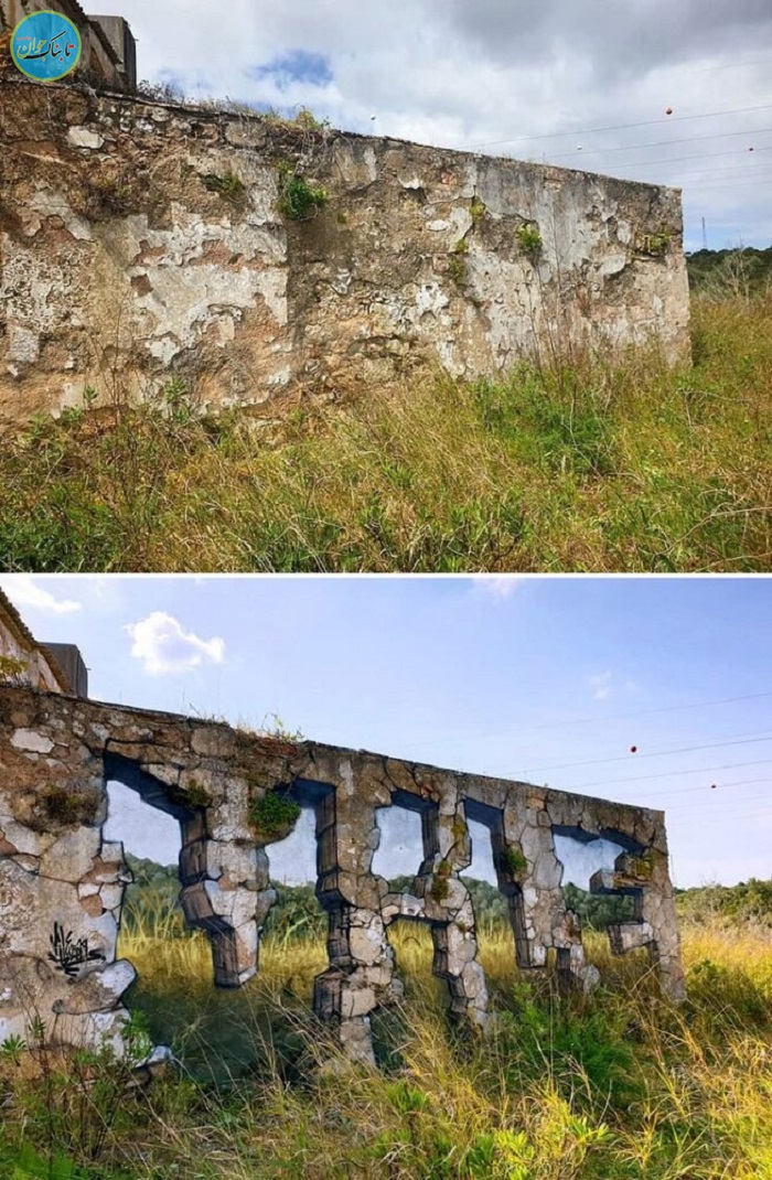 هنرمند خیابانی نقاشب های سه بعدی روی دیوار ها می کشد