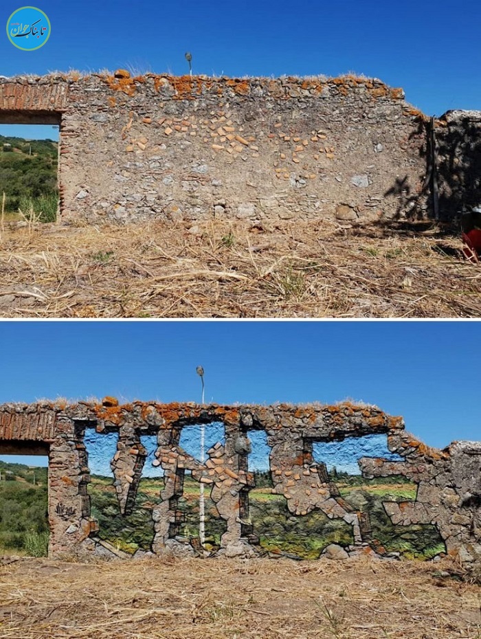 هنرمند خیابانی نقاشب های سه بعدی روی دیوار ها می کشد