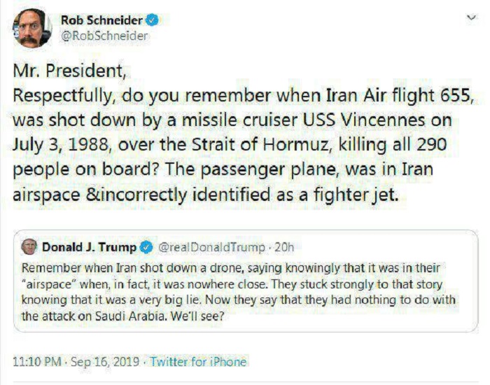 پاسخ راب اشنایدر به توییت ضد ایرانی ترامپ 