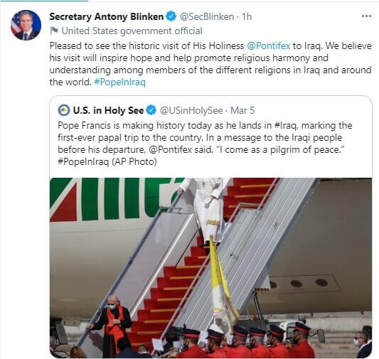 توئیت بلینکن درباره سفر پاپ به عراق