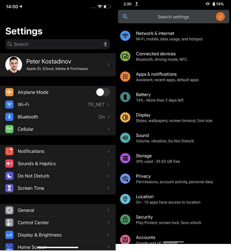 مقایسه ای بین بخش‌های مختلف اندروید ۱۱ و آی‌او‌اس ۱۴