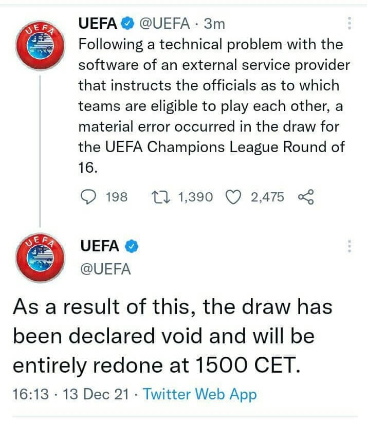 اشتباه در قرعه کشی لیگ قهرمانان اروپا