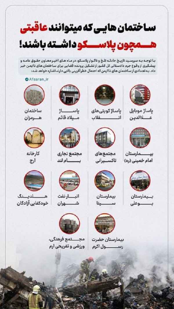 اسامی ساختمان هایی که مانند پلاسکو در خطرند